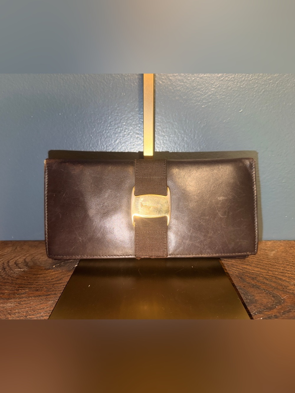 Salvatore Ferragamo Dark Brown Leather Wallet with Gold Buckle Accent
